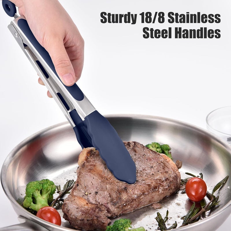 Doosu Kitchen Tongs for Cooking - 600°F Heat Resistant Food Tong with Non-Scratch Silicone Tips, Heavy Duty Stainless Steel Locking Tong for BBQ, Grilling Steak, Serving Salad Pasta (9in, Navy Blue) - Image 4
